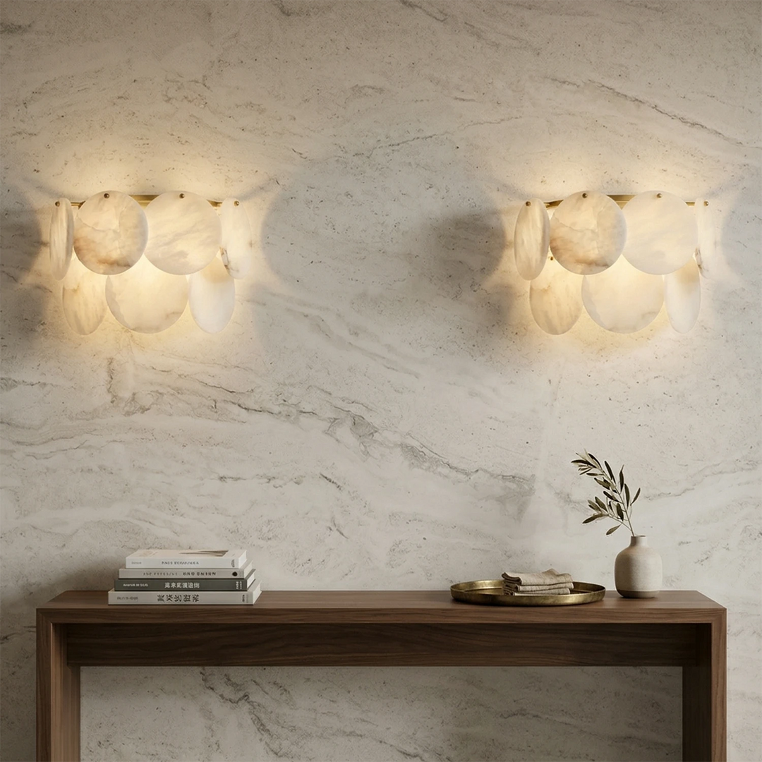 Double Layer Round Alabaster Wall Lamp – Minimalist Sconce Light for Warm Ambiance in White and Gold Finish 8