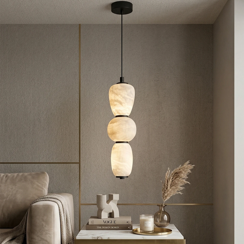 Elegant Alabaster Pendant Light with Integrated LED – Modern Kitchen Pendant Lighting in White or Black, Dimmable, 5.5″ Diameter 1