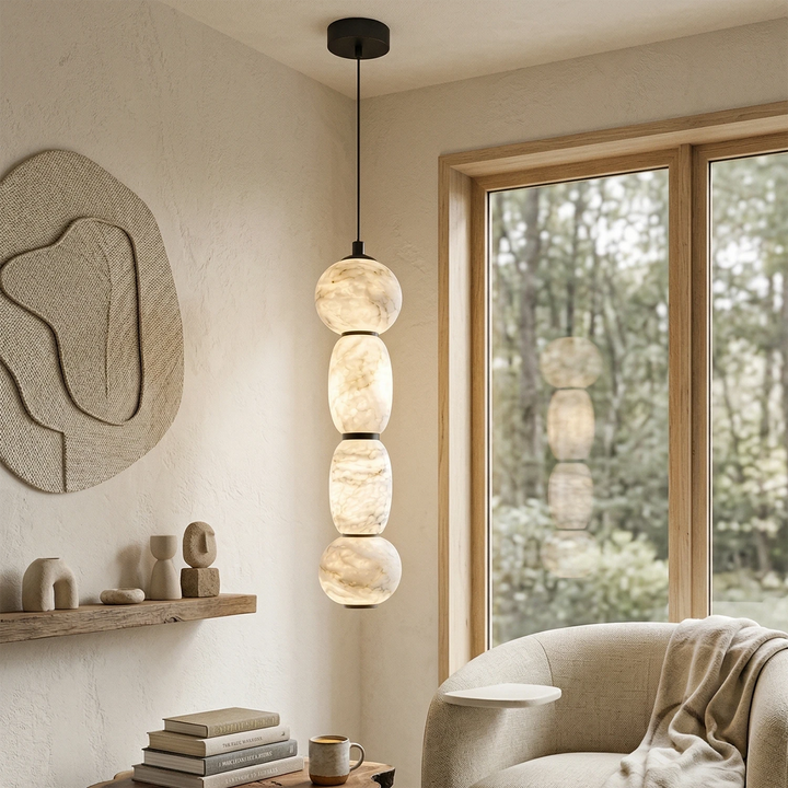 Elegant Alabaster Pendant Light with Integrated LED – Modern Kitchen Pendant Lighting in White or Black, Dimmable, 5.5″ Diameter 5