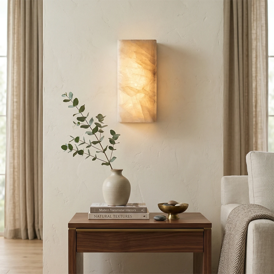 Elegant Alabaster Wall Light Sconce – Modern Transitional Design with Integrated LED for Bathroom and Living Room 0