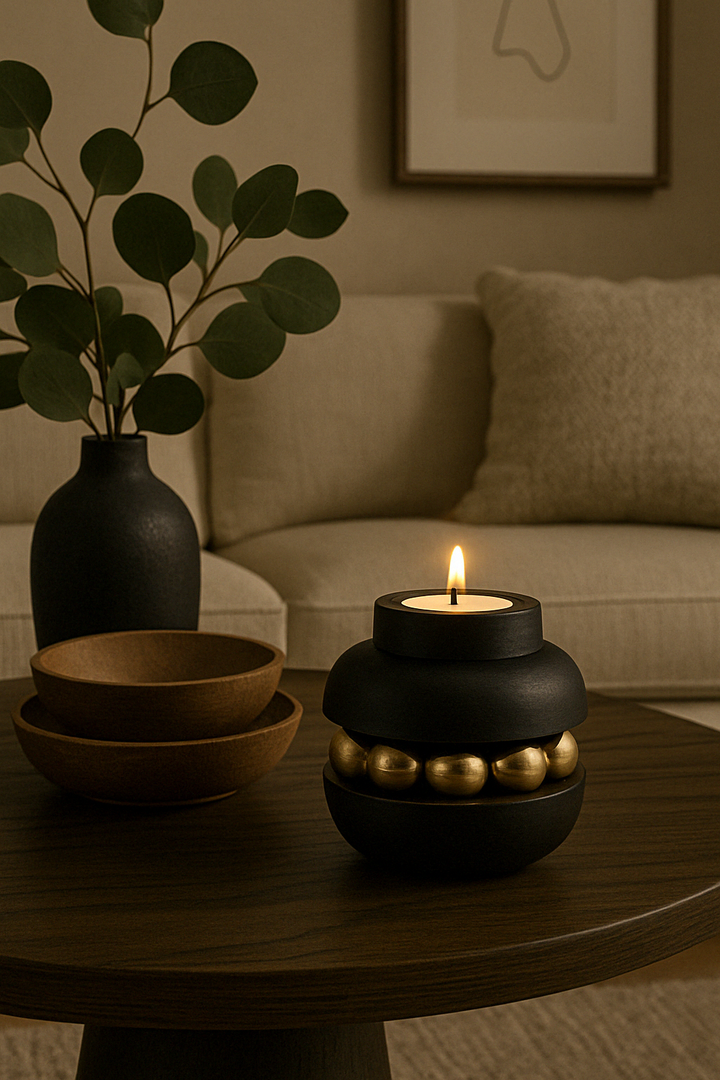 Elegant Black Candle Holder with Wooden Base and Golden Bead Chain – Stylish Home Decor Accent for Cozy Ambiance 0