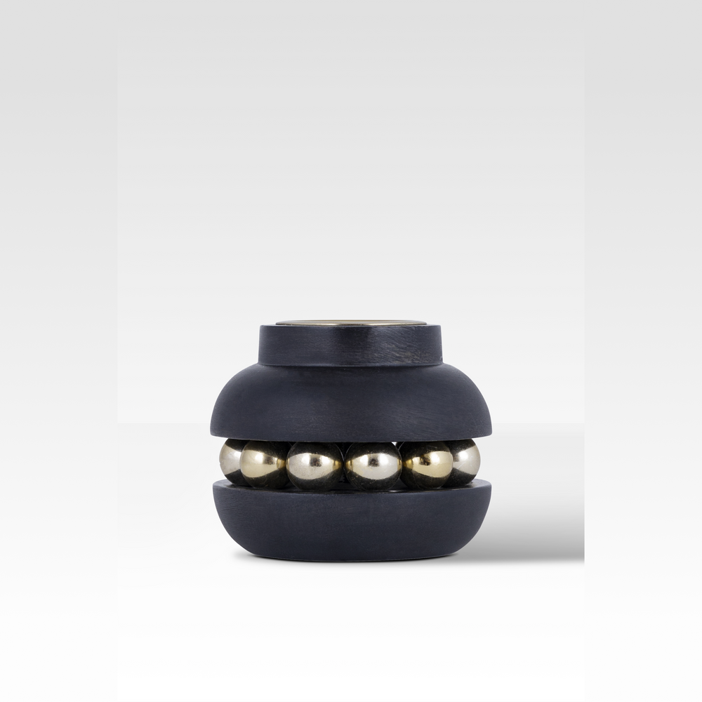Elegant Black Candle Holder with Wooden Base and Golden Bead Chain – Stylish Home Decor Accent for Cozy Ambiance 1
