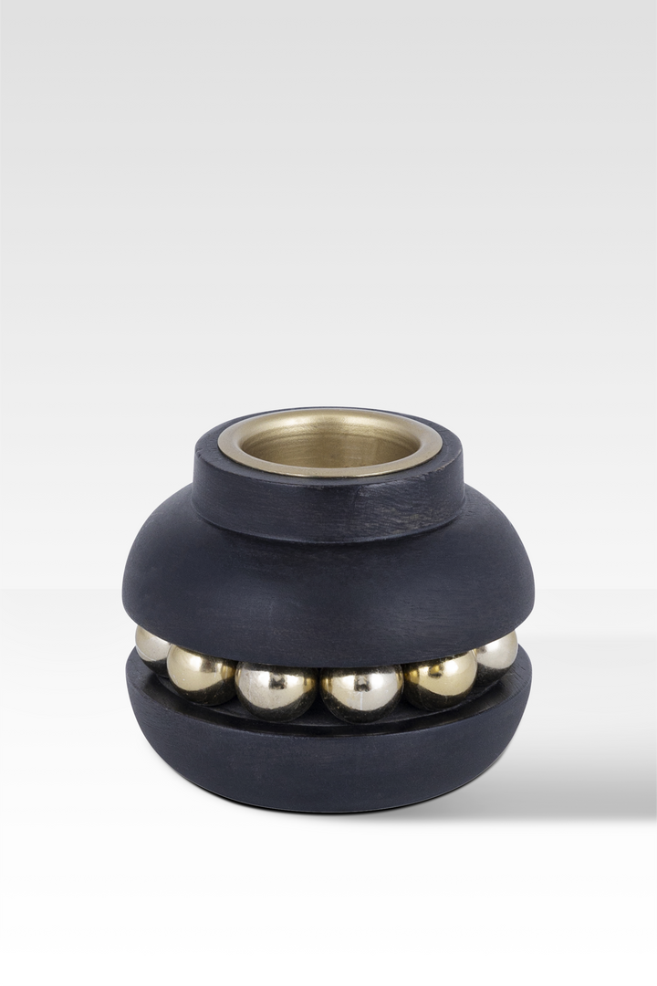 Elegant Black Candle Holder with Wooden Base and Golden Bead Chain – Stylish Home Decor Accent for Cozy Ambiance 2
