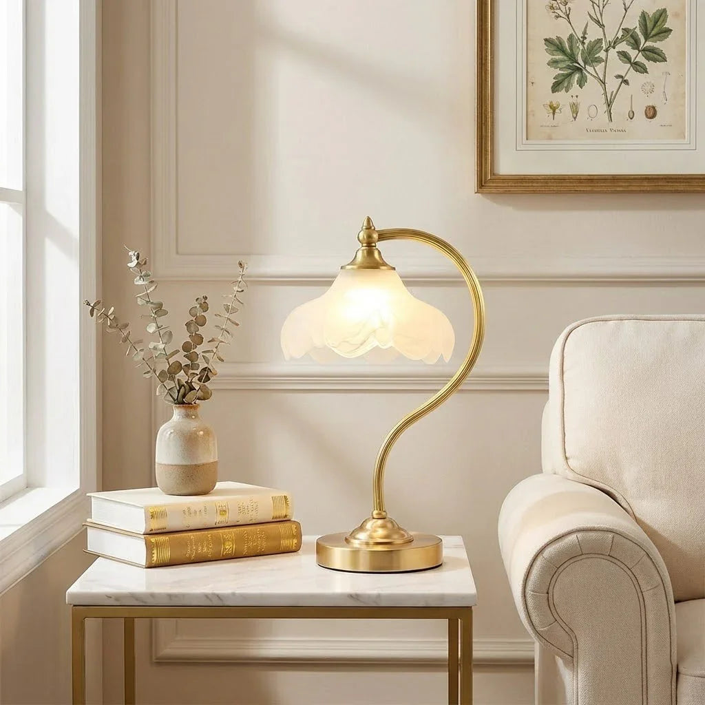 Elegant Brass and Glass Table Lamp with Floral Shade – Ambient Bedroom or Living Room Lighting 0