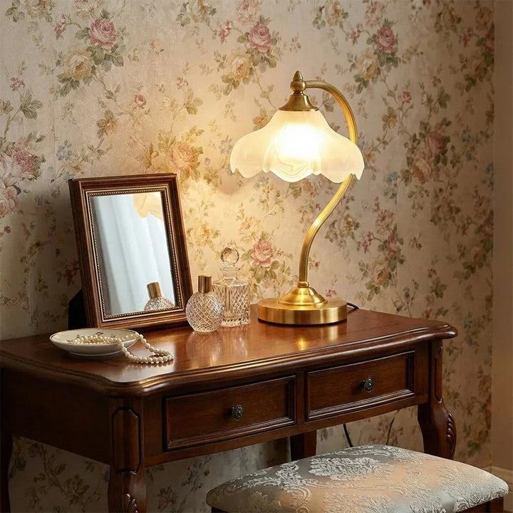 Elegant Brass and Glass Table Lamp with Floral Shade – Ambient Bedroom or Living Room Lighting 1