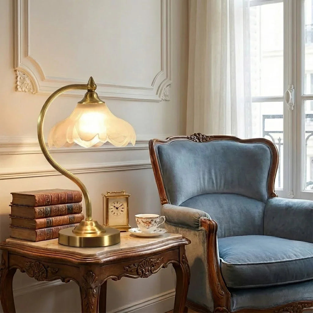 Elegant Brass and Glass Table Lamp with Floral Shade – Ambient Bedroom or Living Room Lighting 4