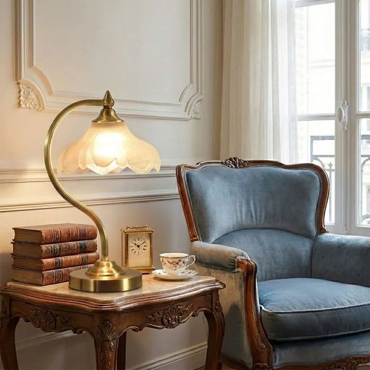 Elegant Brass and Glass Table Lamp with Floral Shade – Ambient Bedroom or Living Room Lighting 4