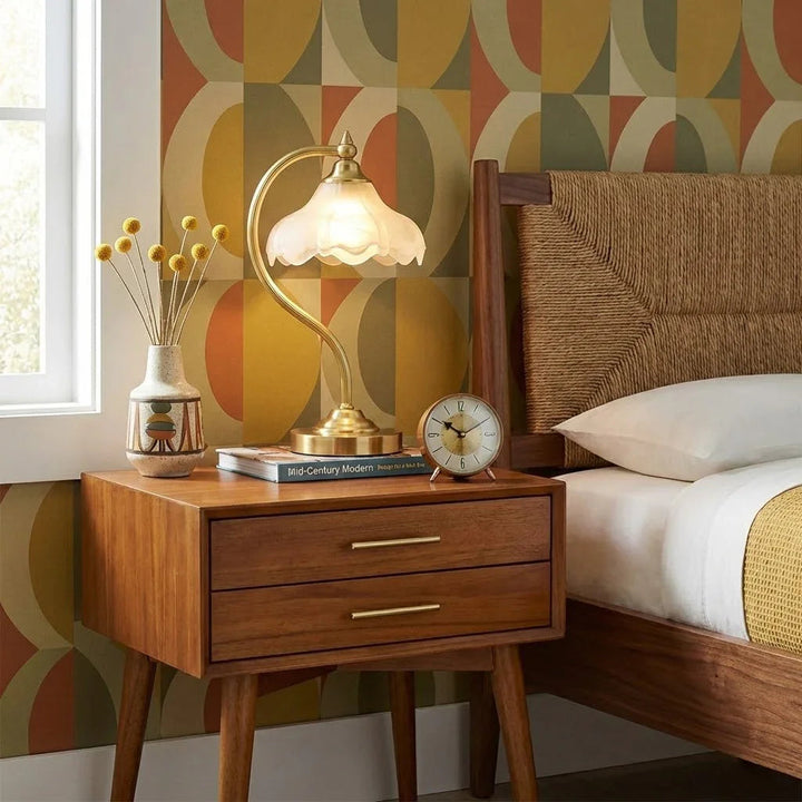 Elegant Brass and Glass Table Lamp with Floral Shade – Ambient Bedroom or Living Room Lighting 5