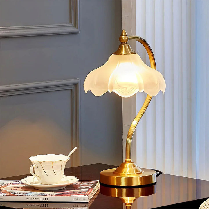 Elegant Brass and Glass Table Lamp with Floral Shade – Ambient Bedroom or Living Room Lighting 6