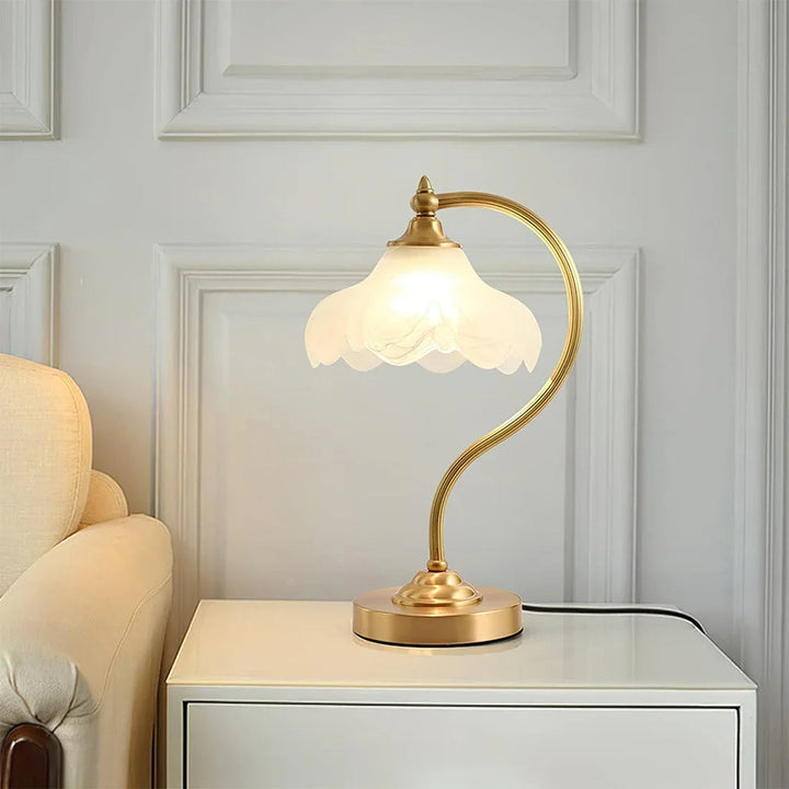 Elegant Brass and Glass Table Lamp with Floral Shade – Ambient Bedroom or Living Room Lighting 7