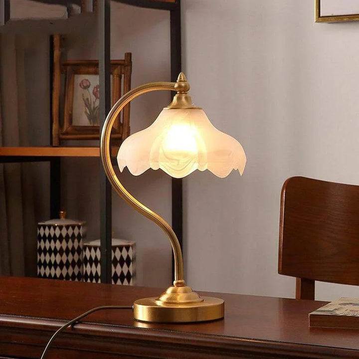 Elegant Brass and Glass Table Lamp with Floral Shade – Ambient Bedroom or Living Room Lighting 8