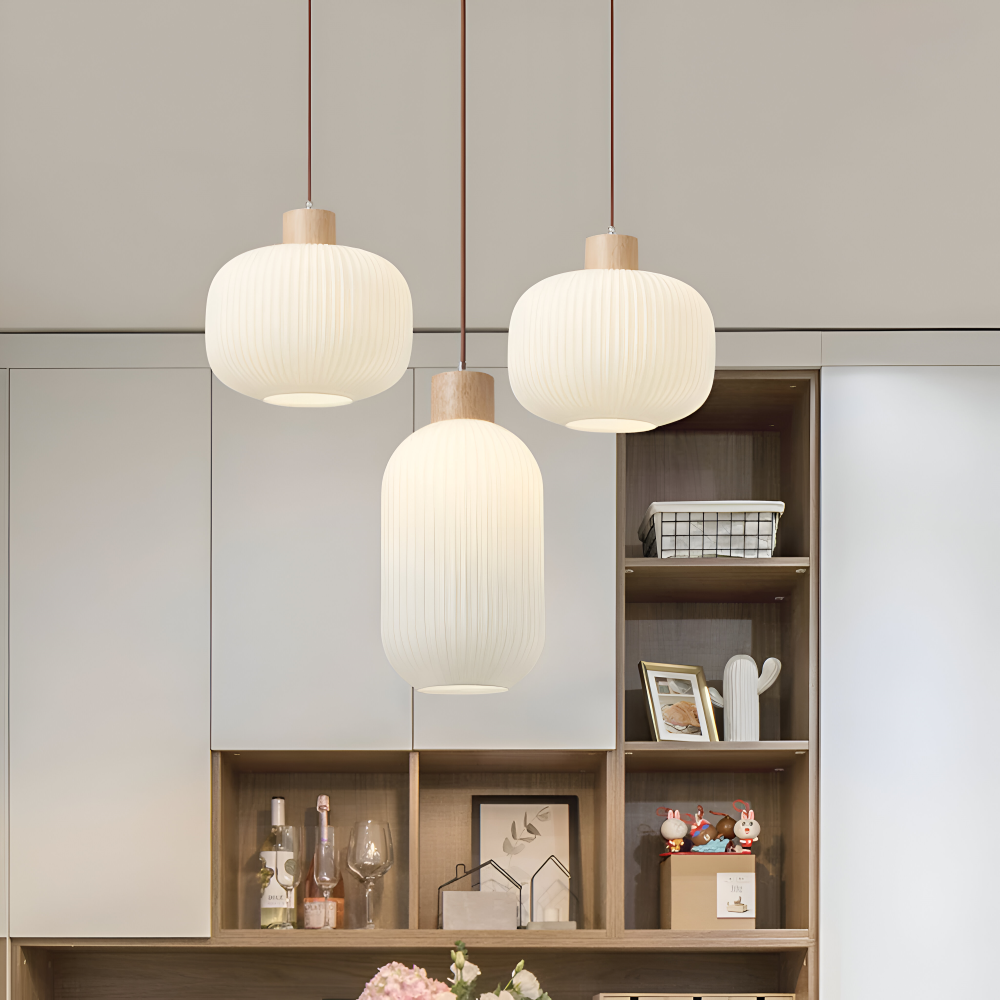 Elegant Japandi Style Glass Pendant Light with Ribbed Shade – Modern Hanging Lamp for Kitchen and Dining 1