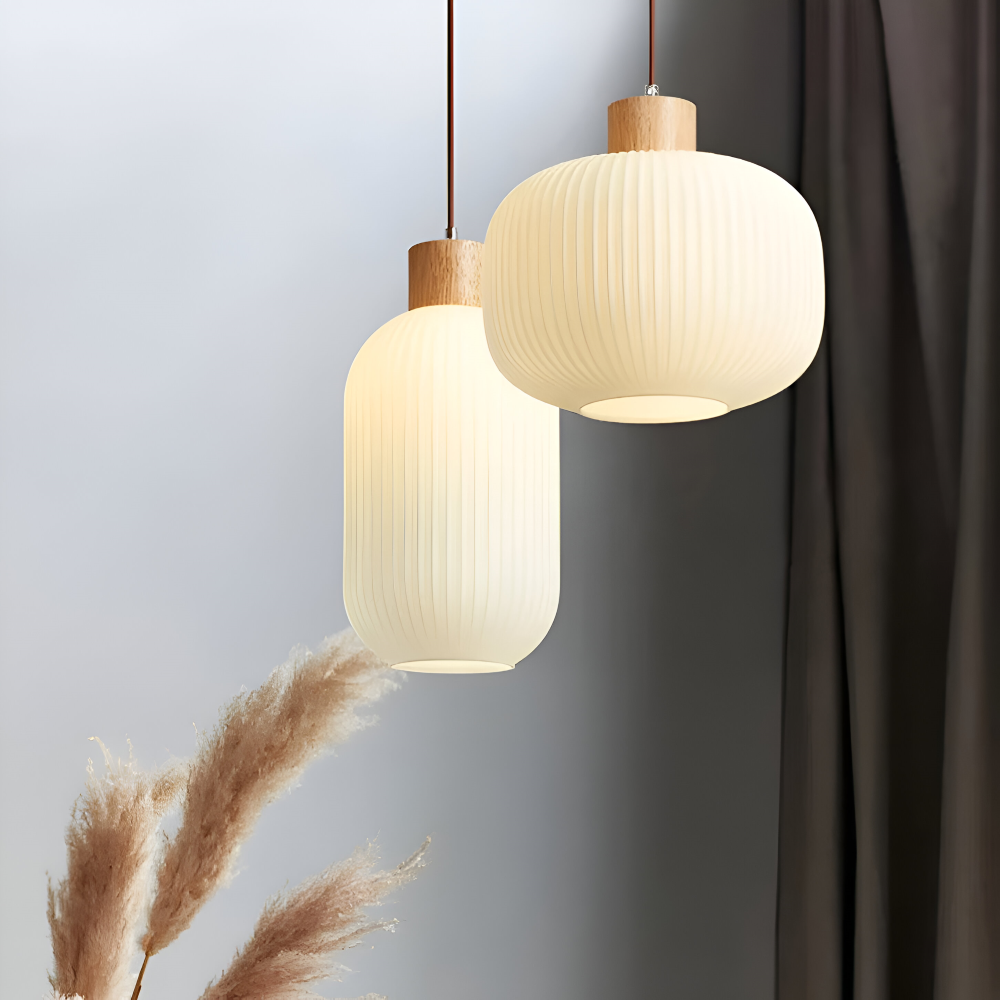 Elegant Japandi Style Glass Pendant Light with Ribbed Shade – Modern Hanging Lamp for Kitchen and Dining 2