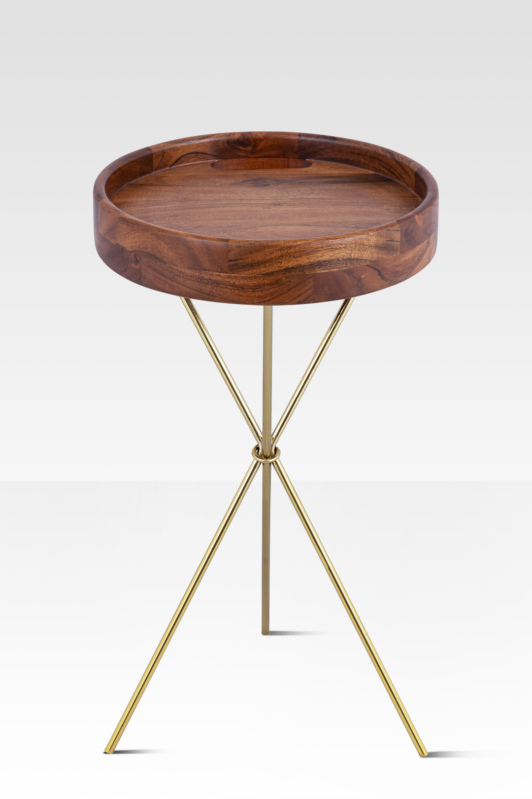 Elegant Mango Wood End Table with Removable Tray and Gold Tripod Base – Stylish Side Table for Living Room, Small Space Solution 1
