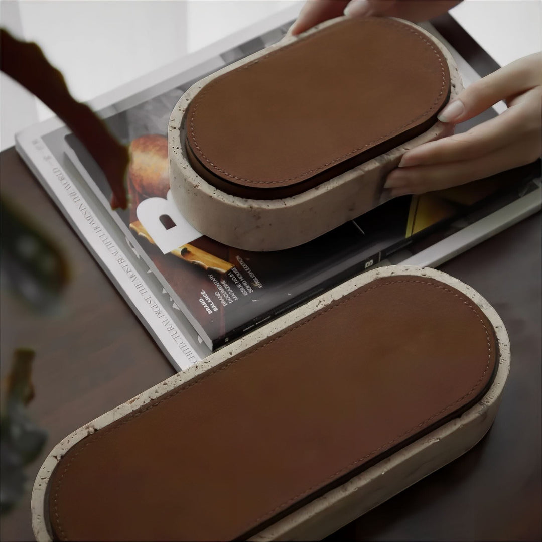 Elegant Oval Travertine Jewelry Box for Women with Leather Lid – Unique Jewelry Organizer for Rings and Necklaces 0