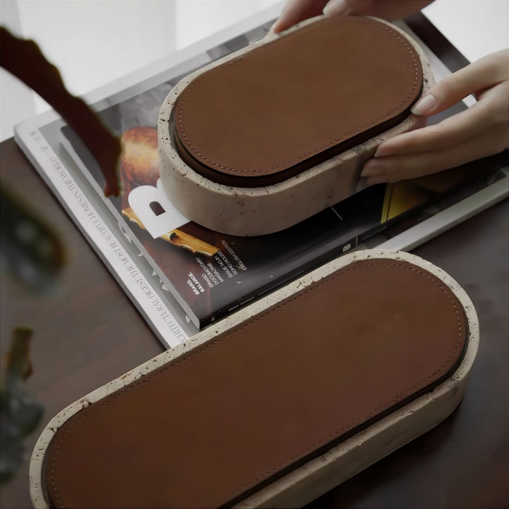 Elegant Oval Travertine Jewelry Box for Women with Leather Lid – Unique Jewelry Organizer for Rings and Necklaces 0