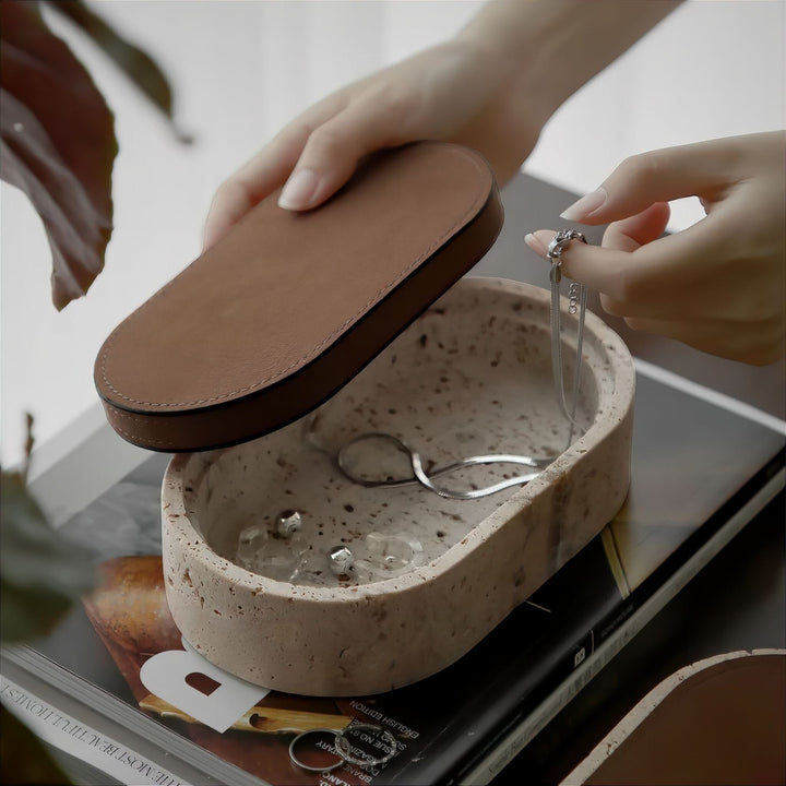 Elegant Oval Travertine Jewelry Box for Women with Leather Lid – Unique Jewelry Organizer for Rings and Necklaces 1
