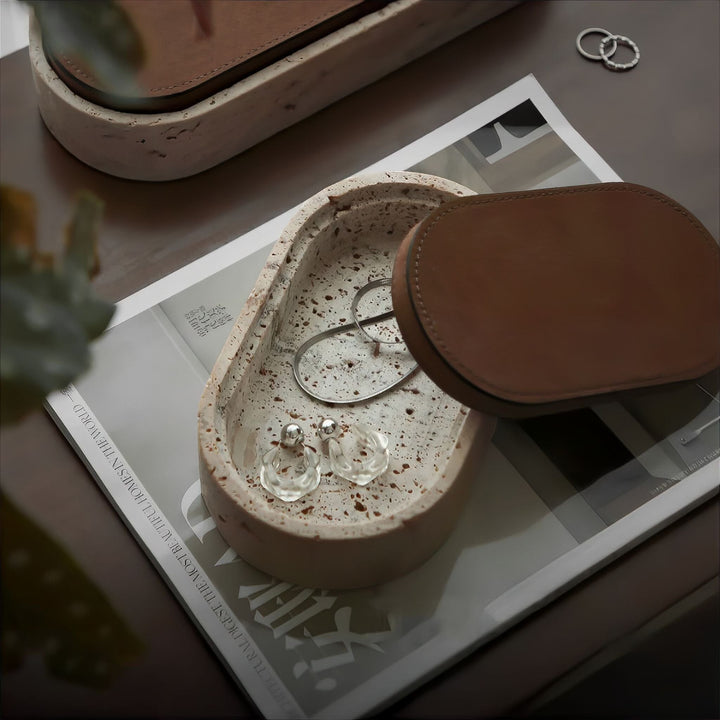 Elegant Oval Travertine Jewelry Box for Women with Leather Lid – Unique Jewelry Organizer for Rings and Necklaces 2