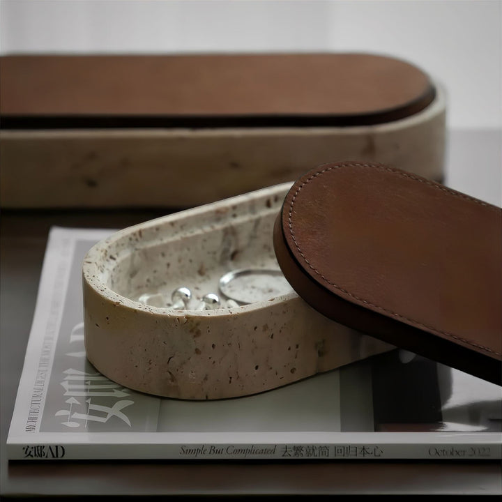 Elegant Oval Travertine Jewelry Box for Women with Leather Lid – Unique Jewelry Organizer for Rings and Necklaces 3