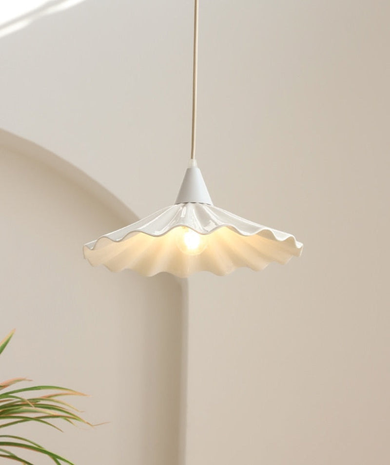 Elegant Pleated Flower Ceramic LED Pendant Light – White Glazed Finish 5