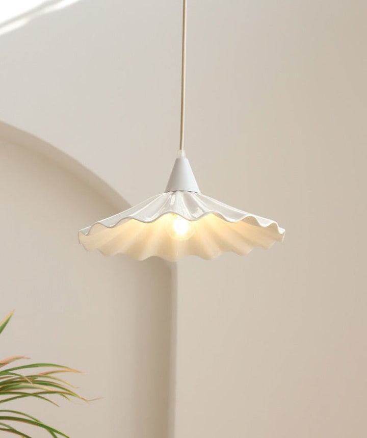 Elegant Pleated Flower Ceramic LED Pendant Light – White Glazed Finish 5