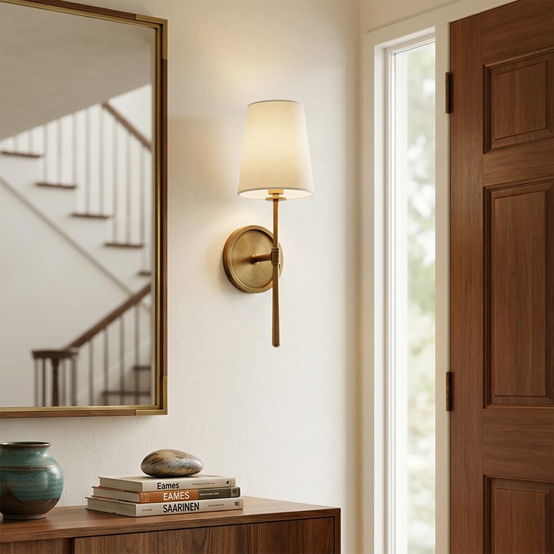 Elegant Wall Sconce with Textured Linen Shade – Aged Brass and Oil Rubbed Bronze Finish, Dimmable Sconce Light for Bathrooms and Modern Spaces 0