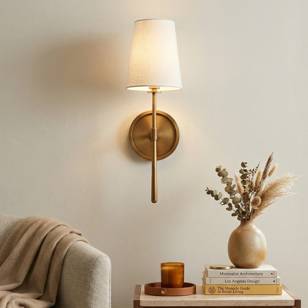 Elegant Wall Sconce with Textured Linen Shade – Aged Brass and Oil Rubbed Bronze Finish, Dimmable Sconce Light for Bathrooms and Modern Spaces 1
