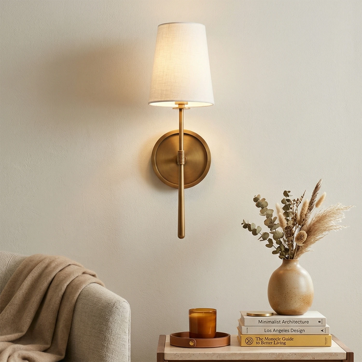 Elegant Wall Sconce with Textured Linen Shade – Aged Brass and Oil Rubbed Bronze Finish, Dimmable Sconce Light for Bathrooms and Modern Spaces 1