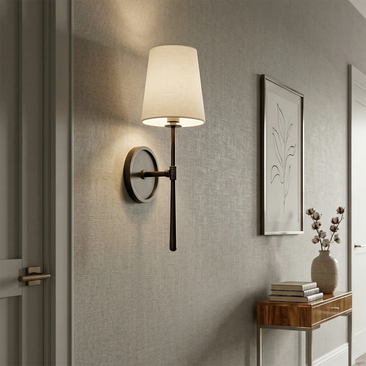 Elegant Wall Sconce with Textured Linen Shade – Aged Brass and Oil Rubbed Bronze Finish, Dimmable Sconce Light for Bathrooms and Modern Spaces 4