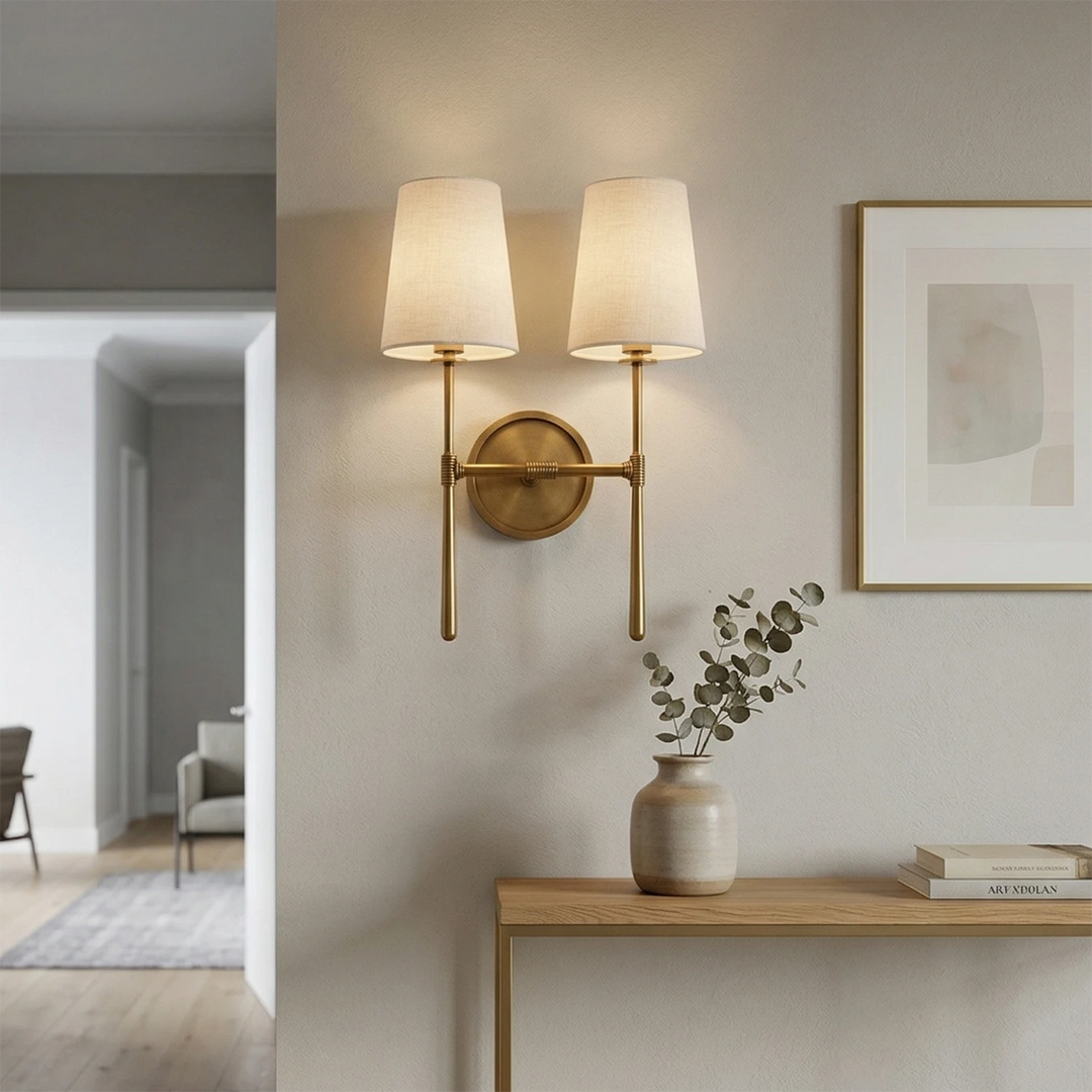 Elegant Wall Sconce with Textured Linen Shade – Aged Brass and Oil Rubbed Bronze Finish, Dimmable Sconce Light for Bathrooms and Modern Spaces 6