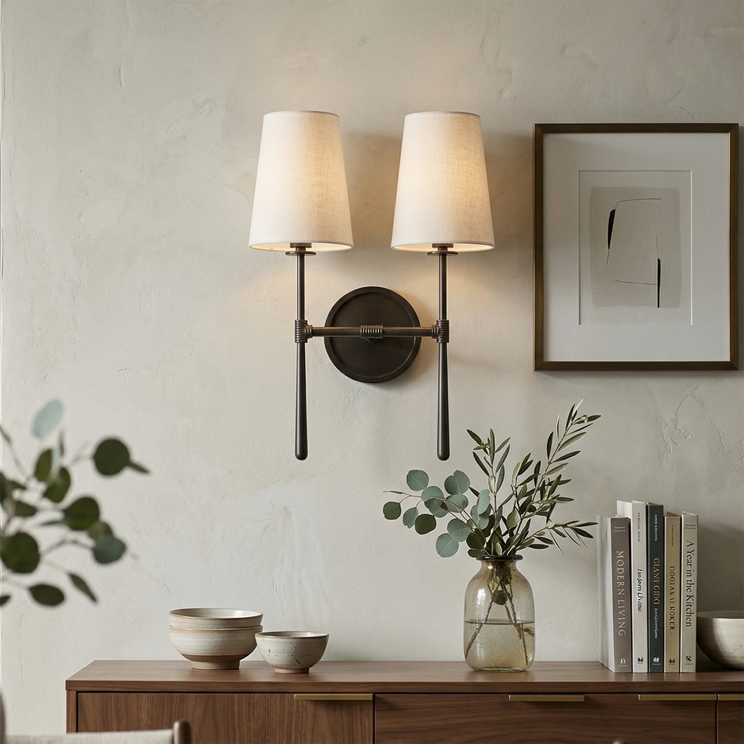 Elegant Wall Sconce with Textured Linen Shade – Aged Brass and Oil Rubbed Bronze Finish, Dimmable Sconce Light for Bathrooms and Modern Spaces 7