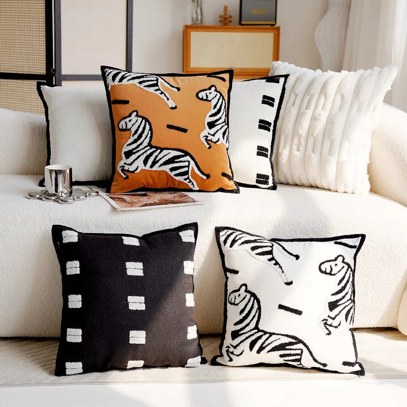 Embroidered Throw Pillow Cover with Animal Prints and Abstract Patterns – 45x45 cm 1