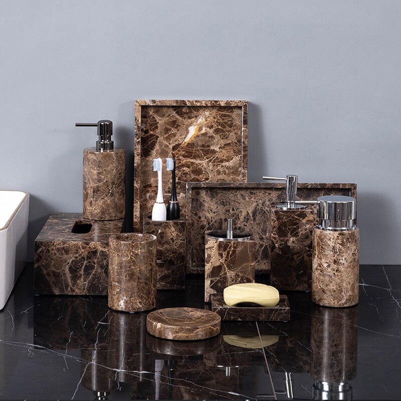 Emperador Dark Marble Bathroom Set with Soap Dispenser, Tray, Tissue Box, and Toothbrush Holder 1