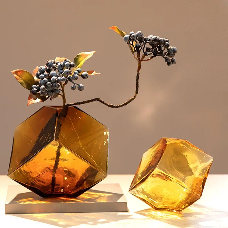 Geometric Amber Glass Vase – Modern Balancing Cube Design for Home Decor 1