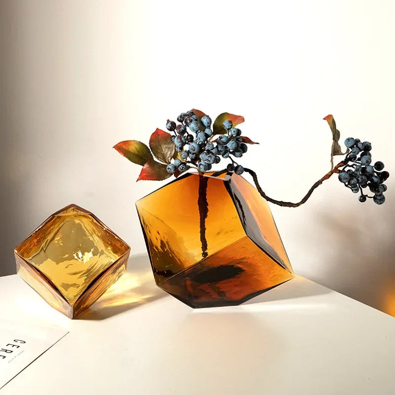 Geometric Amber Glass Vase – Modern Balancing Cube Design for Home Decor 3