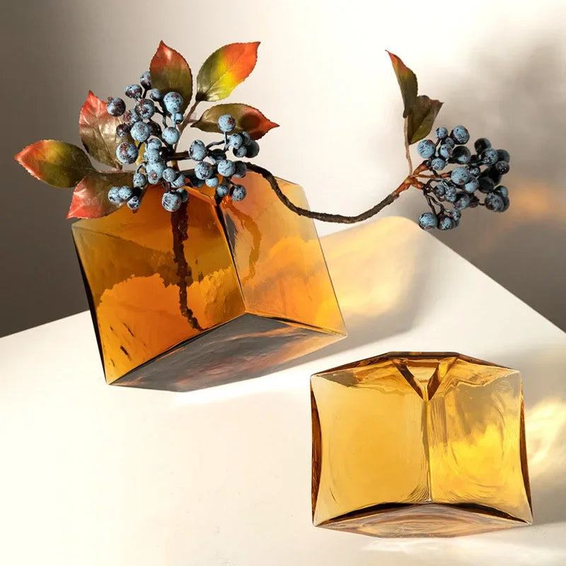 Geometric Amber Glass Vase – Modern Balancing Cube Design for Home Decor 4