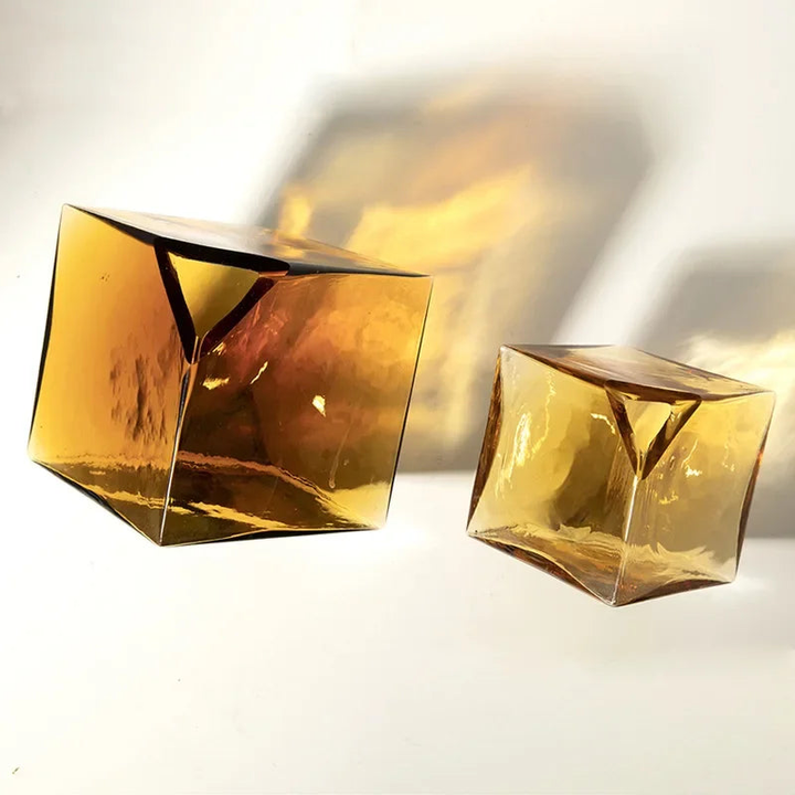 Geometric Amber Glass Vase – Modern Balancing Cube Design for Home Decor 5