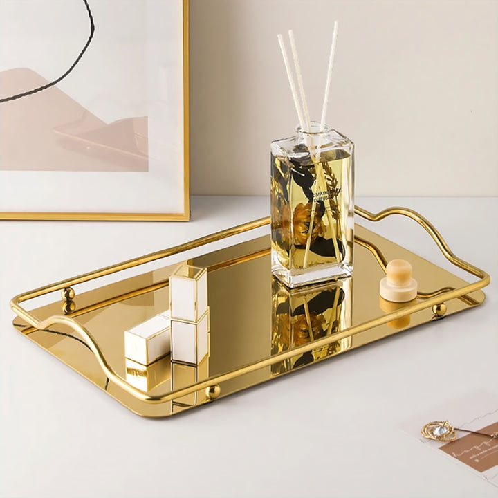Gold Mirror Tray with Metal Frame and Decorative Handles for Bathroom and Vanity Organization 0