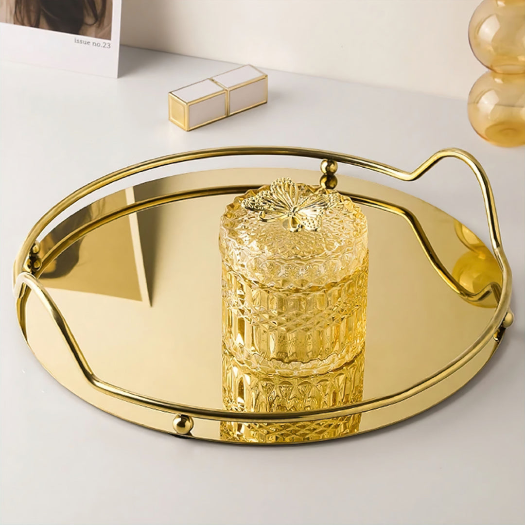 Gold Mirror Tray with Metal Frame and Decorative Handles for Bathroom and Vanity Organization 2