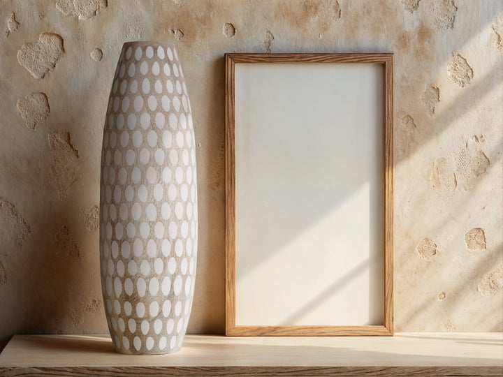 Hand-Carved Wooden Vase with White Dot Pattern – Rustic Home Decor for Floral Arrangements 0