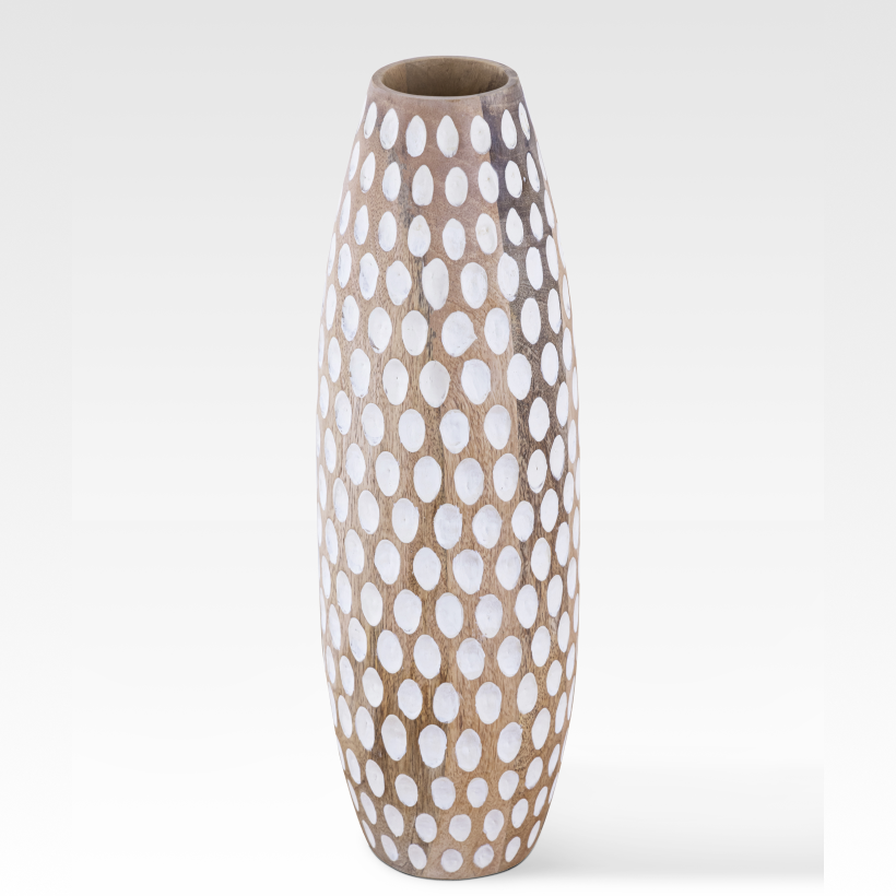 Hand-Carved Wooden Vase with White Dot Pattern – Rustic Home Decor for Floral Arrangements 2