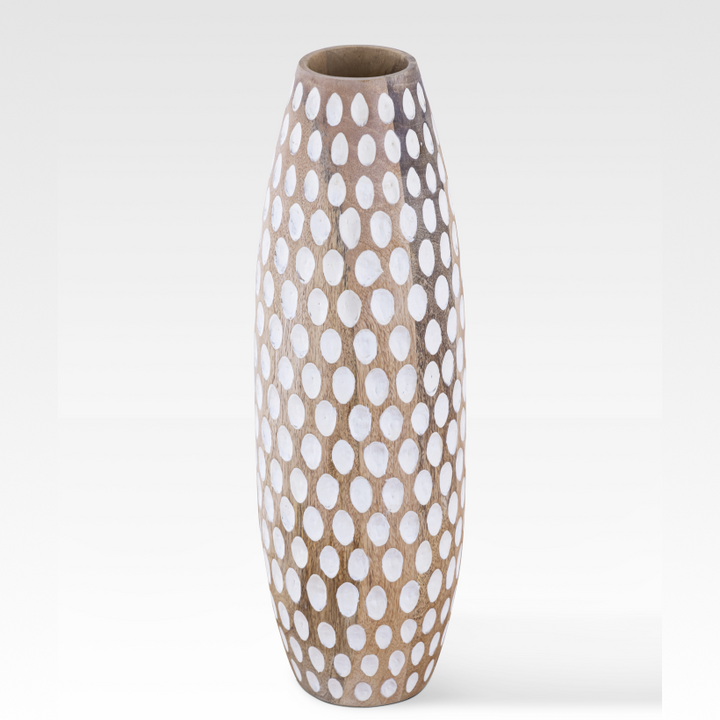 Hand-Carved Wooden Vase with White Dot Pattern – Rustic Home Decor for Floral Arrangements 2
