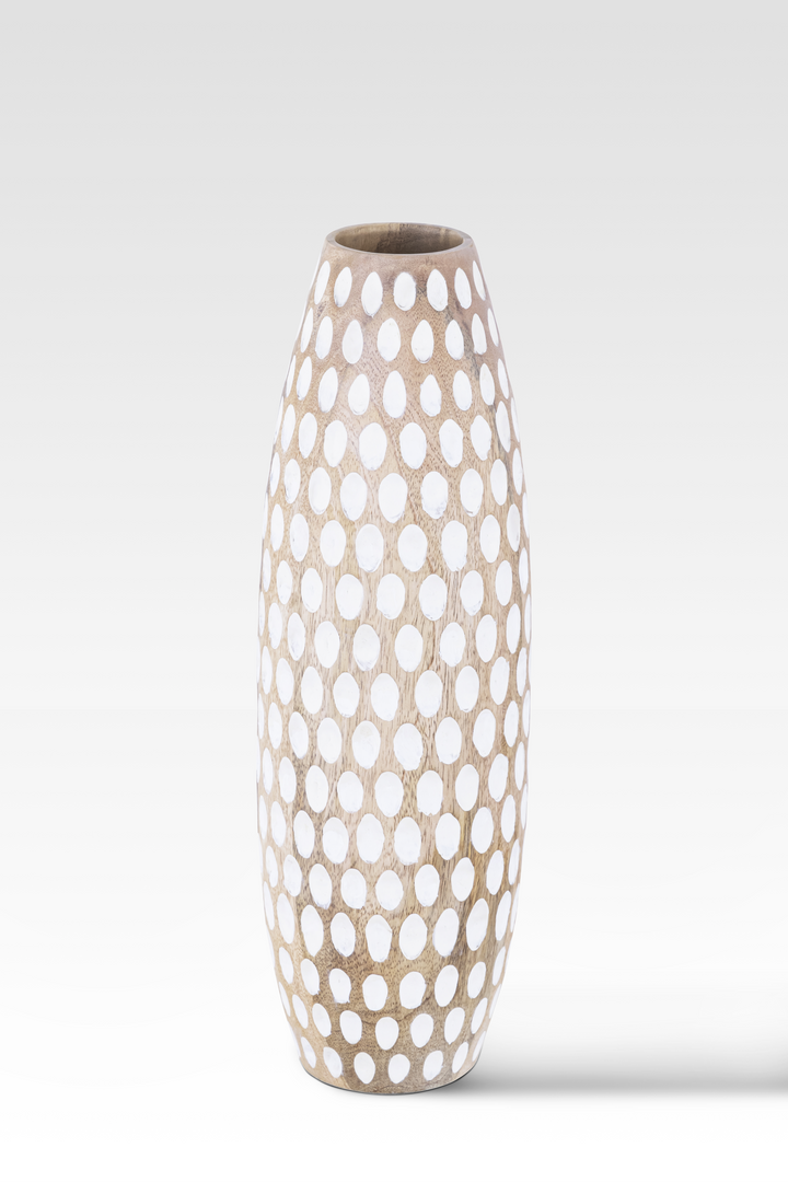 Hand-Carved Wooden Vase with White Dot Pattern – Rustic Home Decor for Floral Arrangements 3