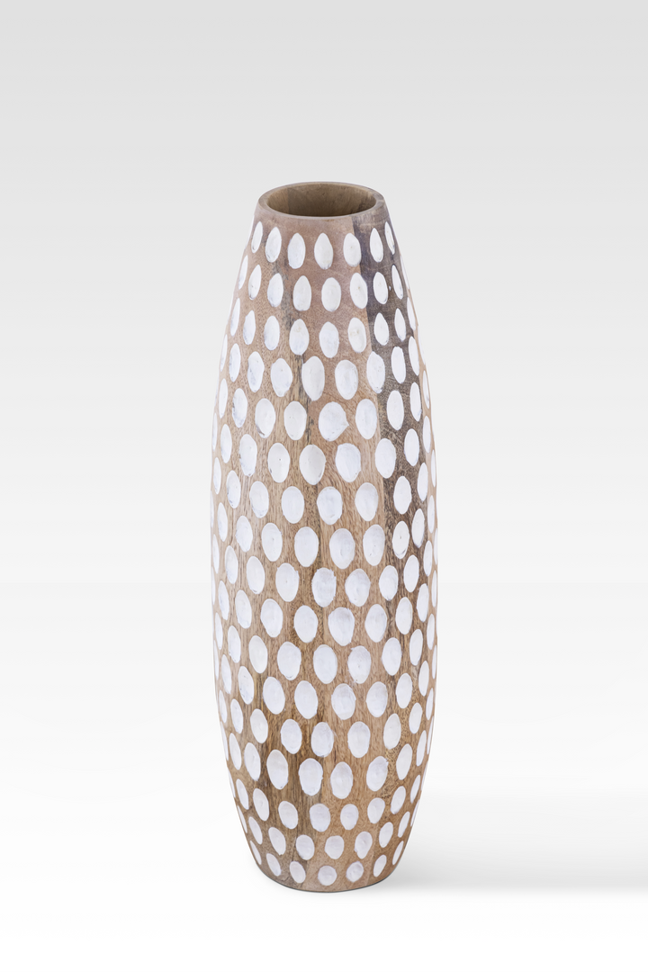 Hand-Carved Wooden Vase with White Dot Pattern – Rustic Home Decor for Floral Arrangements 6