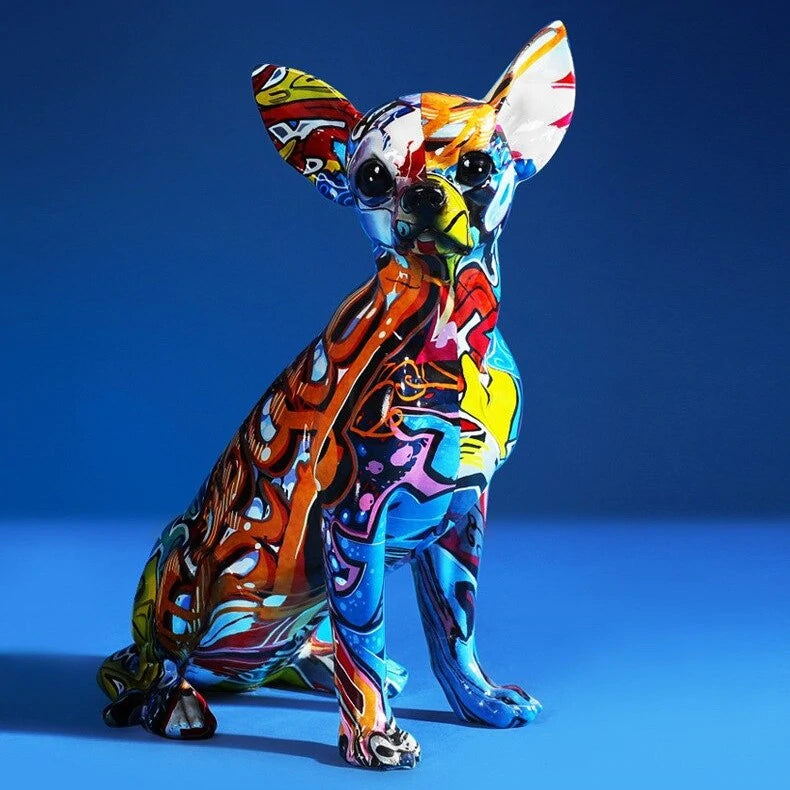 Hand-Painted Graffiti Chihuahua Dog Sculpture – Vivid Colors, High-Quality Resin Dog Statue for Home Decor 0