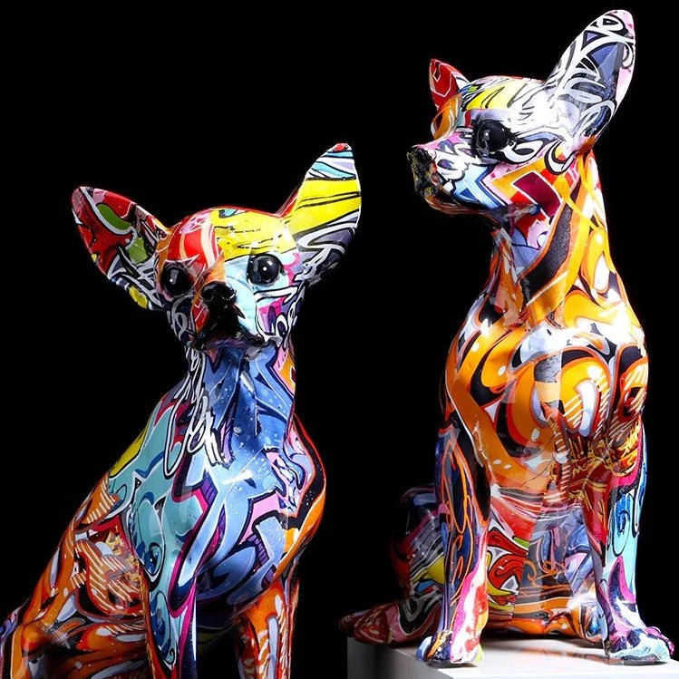 Hand-Painted Graffiti Chihuahua Dog Sculpture – Vivid Colors, High-Quality Resin Dog Statue for Home Decor 1