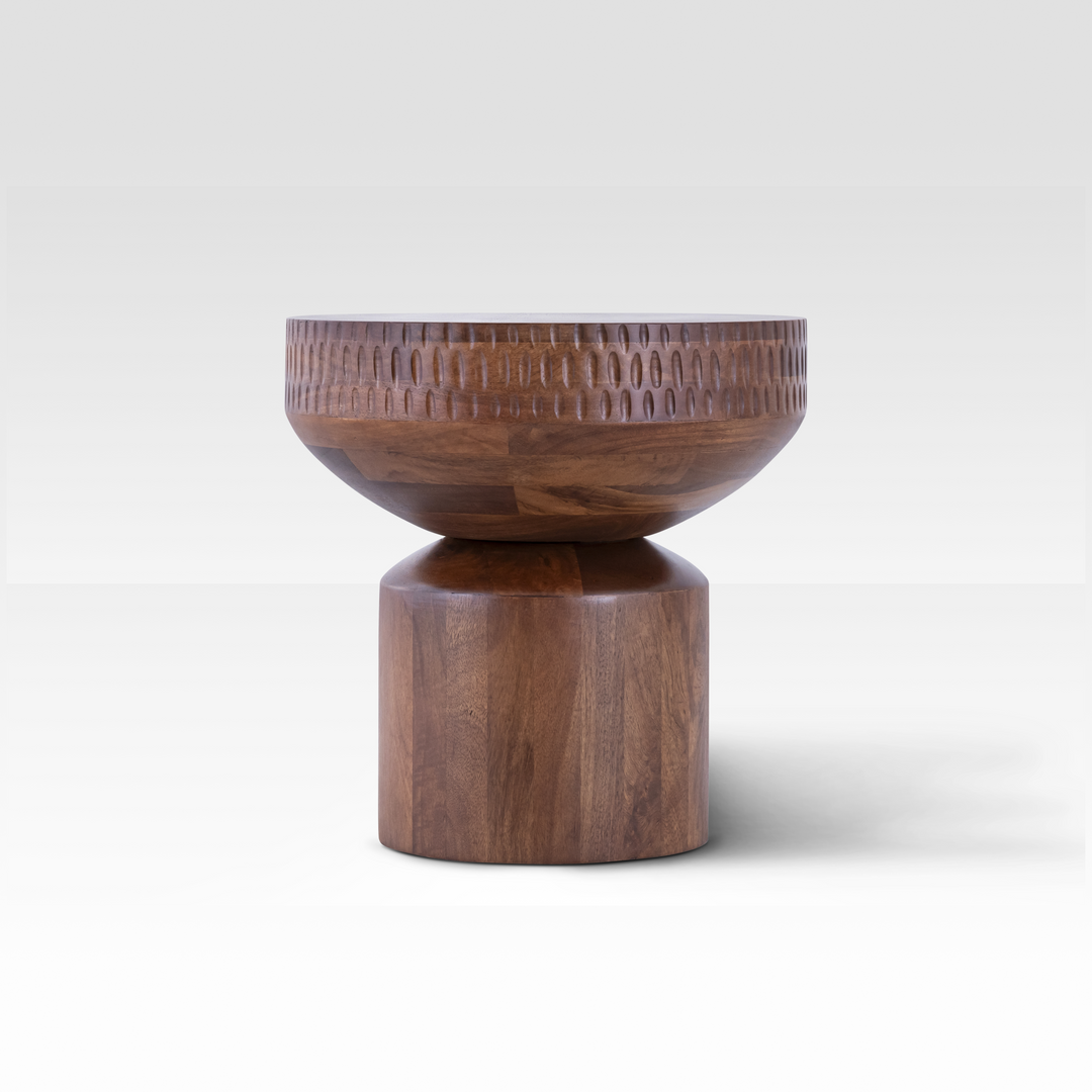 Handcrafted Mango Wood End Table with Hourglass Silhouette – Warm Walnut Finish, Small Side Table for Living Room Decor 1