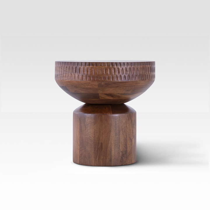 Handcrafted Mango Wood End Table with Hourglass Silhouette – Warm Walnut Finish, Small Side Table for Living Room Decor 1