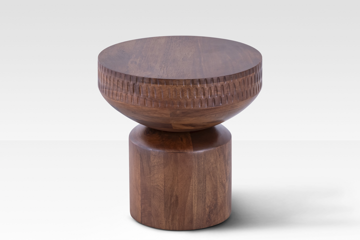 Handcrafted Mango Wood End Table with Hourglass Silhouette – Warm Walnut Finish, Small Side Table for Living Room Decor 4