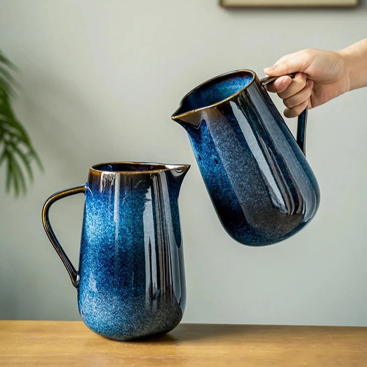 Handmade Blue Ceramic Pitcher, 1700ml Pottery Jug with Kiln-Fired Glaze for Stylish Serving 0